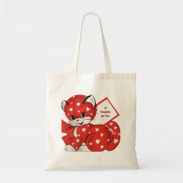 Cute Retro Red Kitten Valentine Budget Tygkasse (Framsidan)