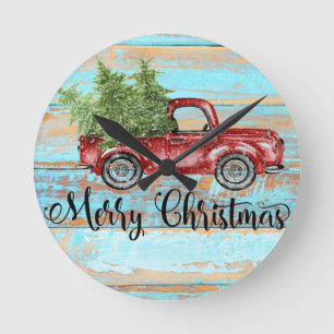 Cute Retro Red Lastbil Land jul Rund Klocka