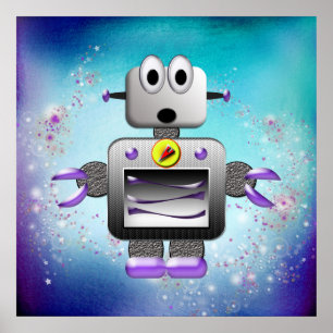 Cute Retro Robot Lila & Blue Poster