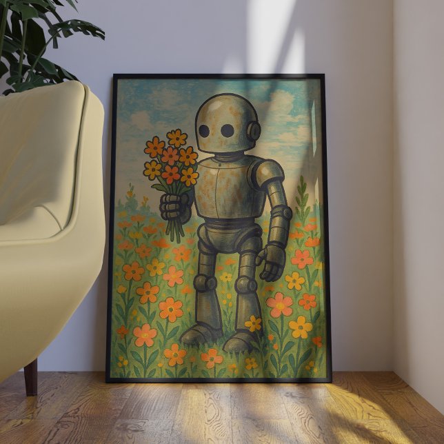 Cute Retro Robot with Flowers Wall Art Poster (This is a mockup, your poster may be larger or smaller depending on what you buy.)