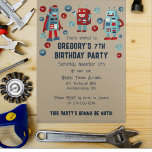 Cute Retro Robots Sci-Fi Boys Birthday Inbjudningar<br><div class="desc">Hela texten på den här robottemade födelsedagsfesten inbjudan kan anpassas med din egen information så att du kan skapa perfektens partiinbjudan för pojkar och robot fläkt av alla åldrar. Inbjudan har söta reflexbilder av robotar i stil i röda och blå nyanser mot en brant färgad med alla dina detaljer i...</div>