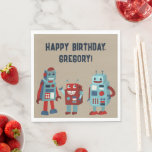 Cute Retro Robots Sci-Fi Boys Birthday Pappersservett<br><div class="desc">Lägg till en vintage-sci-fi-beröring till vilken party som helst med dessa anpassningsbar-servetter. Med illustrationer av söta stil-robotar i röda och blå skuggor mot en brant bakgrund är det redot att vara personlig med ditt anpassningsbar-meddelande,  skapar dem perfekt för födelsedagsfester för pojkar och robot fläkt i alla åldrar.</div>