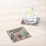 Cute Retro Robots Sci-Fi Boys Birthday Underlägg Papper Kvadrat<br><div class="desc">Lägg till en sci-fi-beröring för vintage till valfritt party med dessa anpassningsbar pappra underlägg. Med illustrationer av söta stil-robotar i röda och blå skuggor mot en brant bakgrund är det redot att vara personlig med ditt anpassningsbar-meddelande,  skapar dem perfekt för födelsedagsfester för pojkar och robot fläkt i alla åldrar.</div>