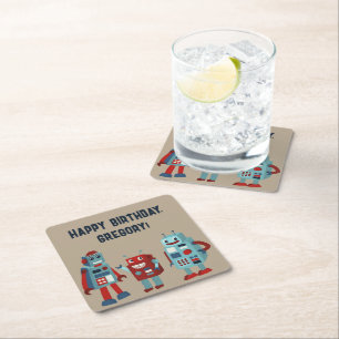 Cute Retro Robots Sci-Fi Boys Birthday Underlägg Papper Kvadrat