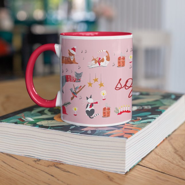 Cute retro rosa jul mönster mugg (Christmas Cat Lover Mug Custom Name Pink)