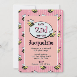 Cute Retro Rosa Stripe Bumblebee Birthday Inbjudningar
