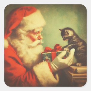 Cute Retro Santa med Kitten Illustration Fyrkantigt Klistermärke