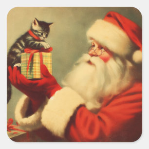 Cute Retro Santa med Kitten Illustration Fyrkantigt Klistermärke