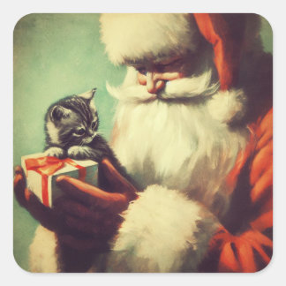 Cute Retro Santa med Kitten Illustration Fyrkantigt Klistermärke