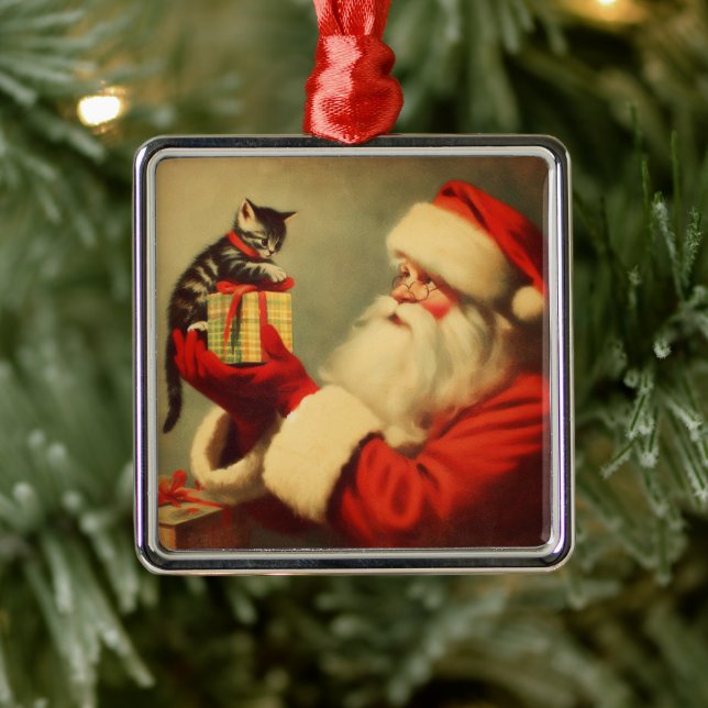 Cute Retro Santa med Kitten Illustration Julgransprydnad Metall (Träd)