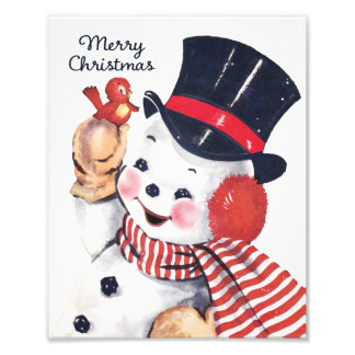Cute Retro Snögubbe och Red Bird Wall Art Fototryck