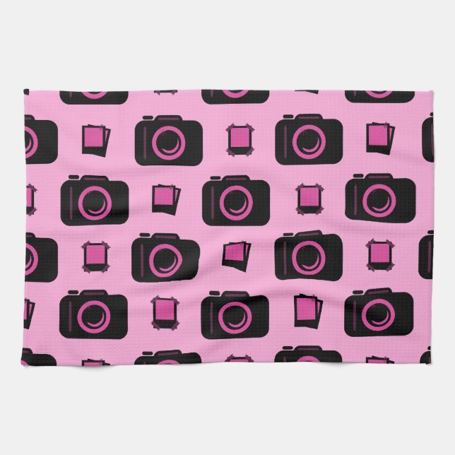 Cute Retro Stil Rosa Black Camera Mönster Kökshandduk (Horisontell)