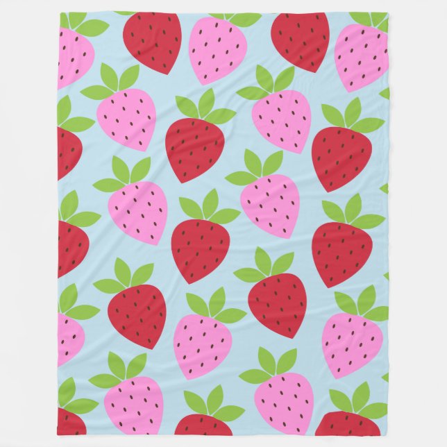 Cute Retro Strawberry Fruit Mönster Rosa Red Blue Fleecefilt (Framsidan)