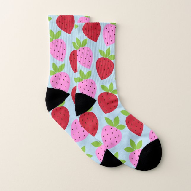 Cute Retro Strawberry Fruit Mönster Rosa Red Blue Strumpor (Par)