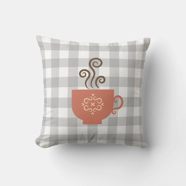 Cute Retro Tea eller Coffee Kopp på Grått Buffalo  Kudde (Framsida)
