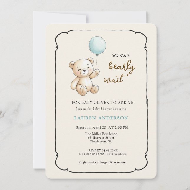 Cute Retro Teddy Bear, Boy Baby shower Inbjudningar (Framsida)