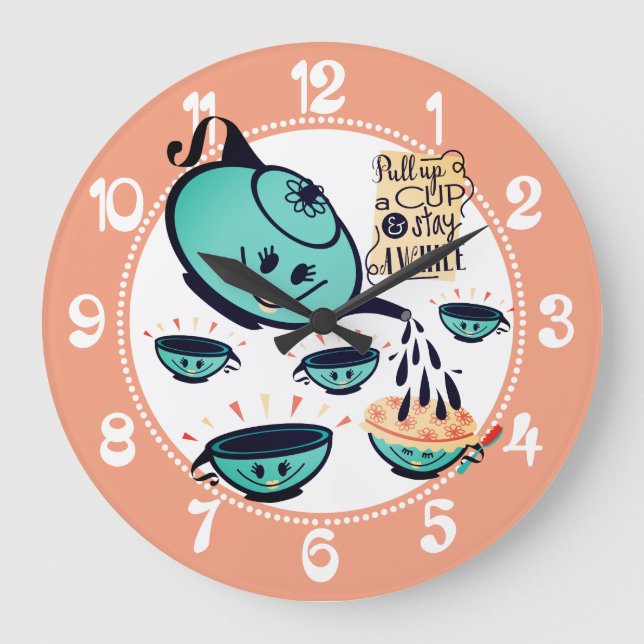 Cute retro tekanna-duschköket kopp stor klocka (Framsida)