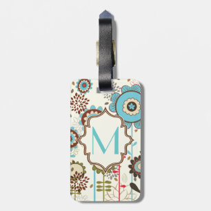 Cute retro turkos blue blommönster monogram bagagebricka