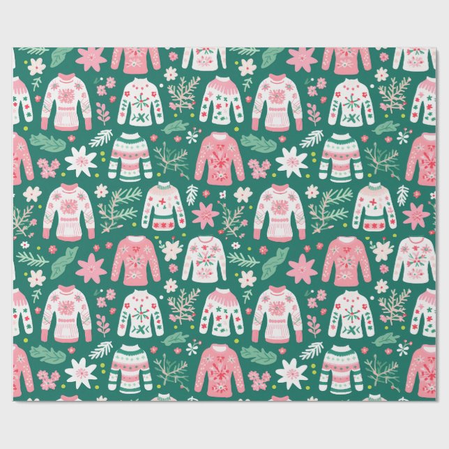 Cute Retro Ugly Sweater Rosa and Grönt Roligt Presentpapper (Platt)