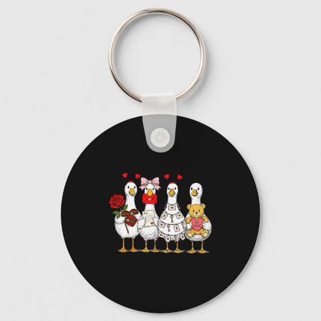 Cute Retro Valentine Silly Gooses Duck Love Couple Nyckelring (Framsida)