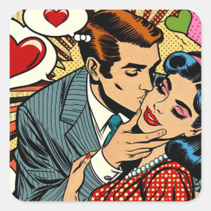 Cute Retro Valentines Day Kiss Fyrkantigt Klistermärke