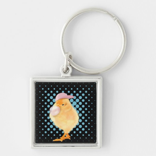 Cute Retro Vibes Chick Bubblegum Black Fyrkantig Silverfärgad Nyckelring (Framsidan)