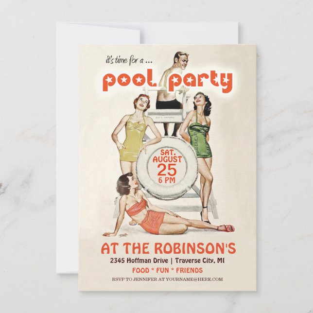 Cute Retro Vintage Bassäng Party-inbjudan Inbjudningar (Framsida)