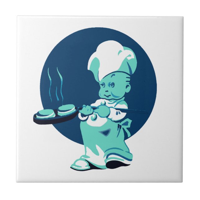Cute Retro Vintage Blue Boy Chef Baker Kakelplatta (Framsidan)