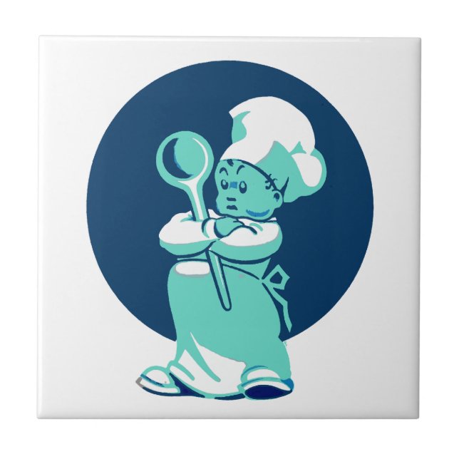 Cute Retro Vintage Blue Boy Chef Cook Kakelplatta (Framsidan)