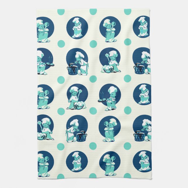 Cute Retro Vintage Blue Boy Chef Cook Kökshandduk (Vertikal)