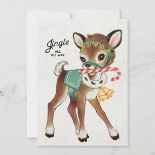 Cute Retro Vintage jul-Hjort med Candycane Julkort