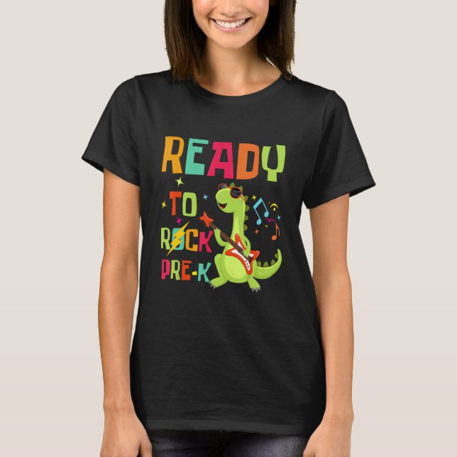 Cute Rex Dino Playing Guitar Ready To Rock PRE K T T Shirt (Framsida)