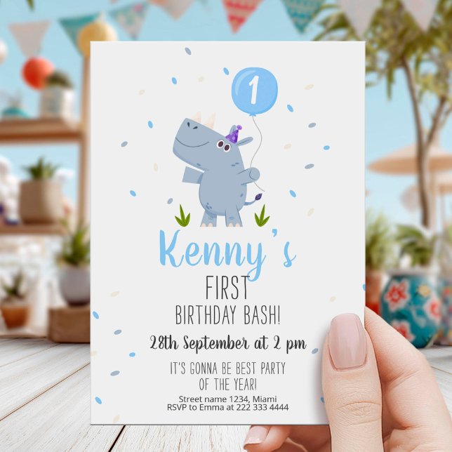 Cute Rhino First Birthday Party Card Inbjudningar (Skapare uppladdad)