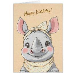 Cute Rhino with Bandana Kids Birthday Invitation Hälsningskort