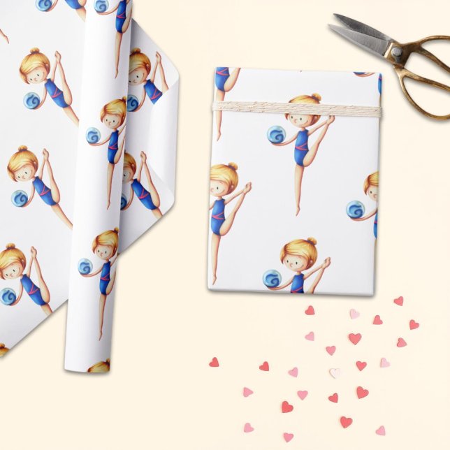 Cute Rhythmic Gymnast in Blue Leotard med Boll Presentpapper (Skapare uppladdad)