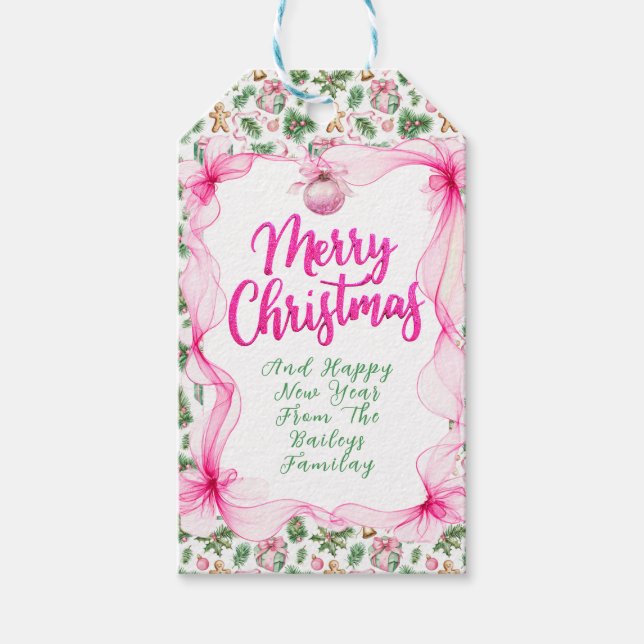 Cute Ribbon Pink and Green Christmas Theme  Presentetikett (Framsidan)