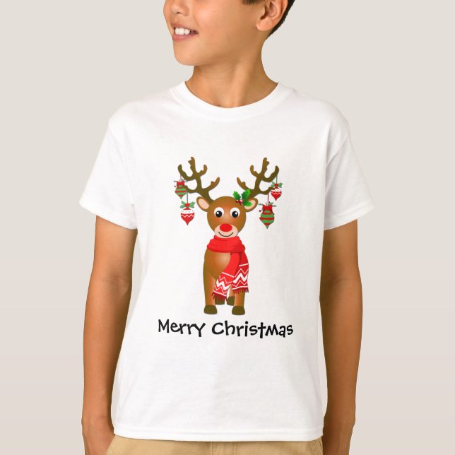 Cute Rindeer med julprydnad med text T Shirt (Framsida)