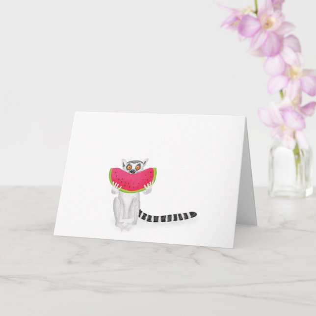 Cute ring-klåda som äter ett vattenmelonkort kort (Orkide)