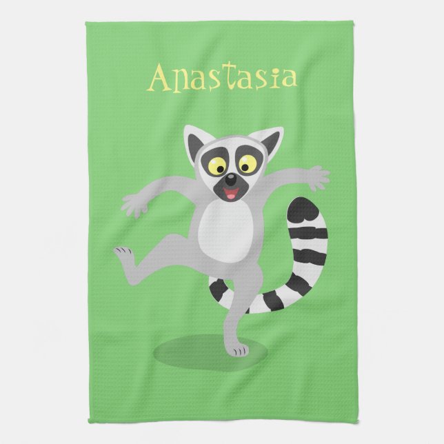 Cute ring svan lemur dans tecknad illustration kökshandduk (Vertikal)
