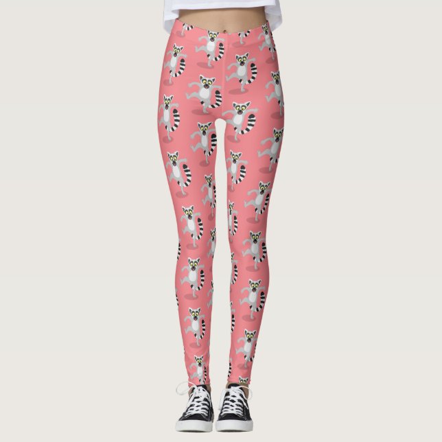 Cute ring svan lemur dans tecknad illustration leggings (Framsida)