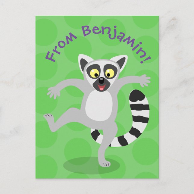 Cute ring svan lemur dans tecknad illustration vykort (Framsida)