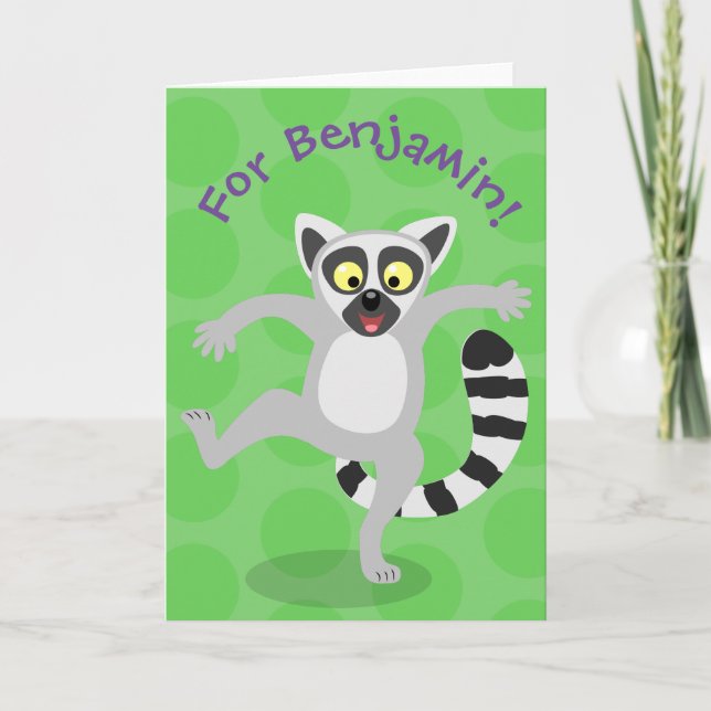 Cute ring svan lemur dansande tecknad illustration kort (Framsida)