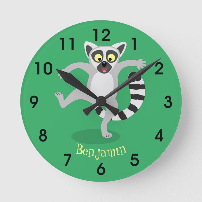 Cute ring svan lemur dansande tecknad illustration rund klocka (Framsida)