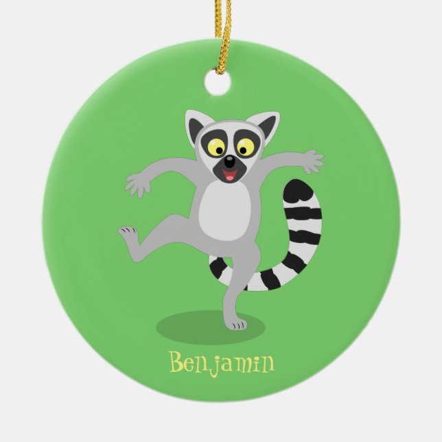 Cute ring tail lemur dancing cartoon illustration julgransprydnad keramik (Framsidan)