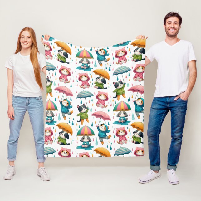 Cute Rining Cats och Hundar med Umbrellas Fleecefilt (På plats)