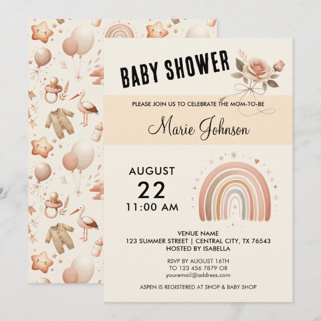 Cute Ro Baby Shower - Regnbågsinbjudan Inbjudningar (Fram/baksida)