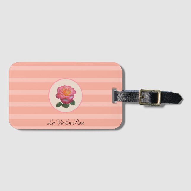Cute Ro blomma på Rosa av korall stripe Bagagebricka (Framsida horisontal)