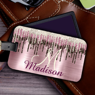 Cute Ro guld Brown Glitter Drives monogram Bagagebricka