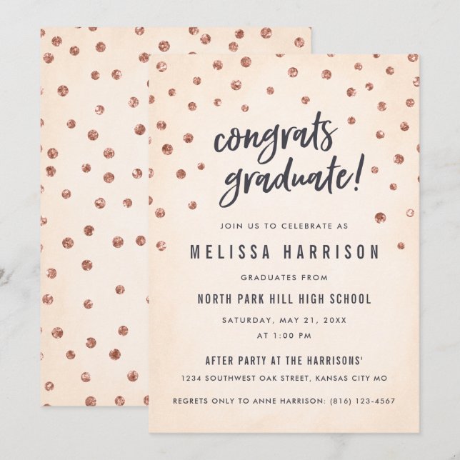 Cute Ro Guld Polka Dot-Studentkort Inbjudningar (Fram/baksida)
