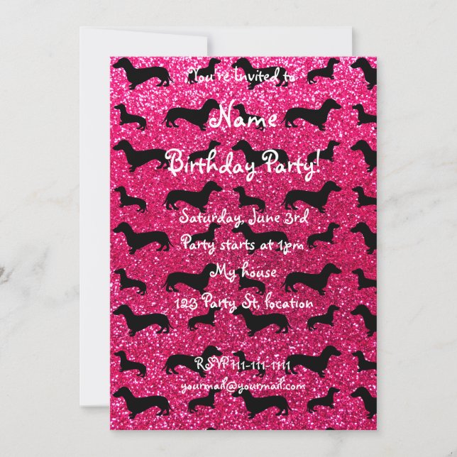 Cute ro rosa dachshund glitter mönster inbjudningar (Framsida)